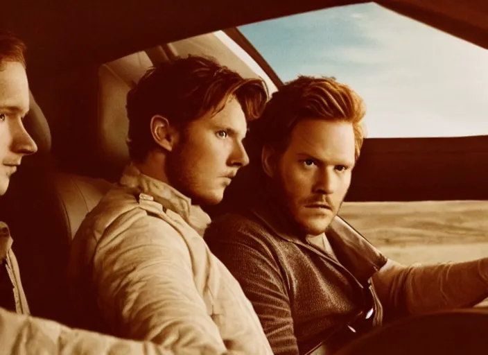 Image similar to a very high resolution image from a new movie, starlord. driving around. inside of a car. mountains, polaroid, directed by wes anderson