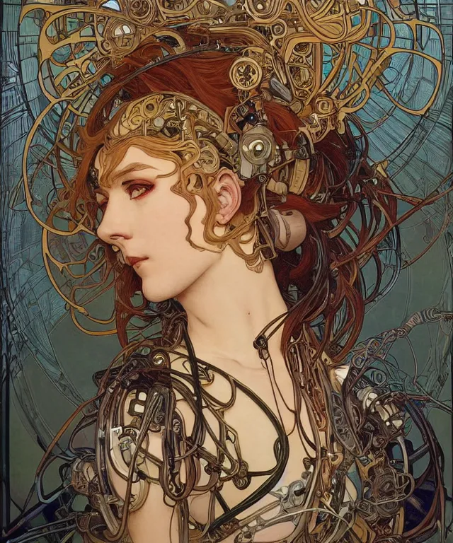 Image similar to realistic detailed portrait of a humanoid mecha cyberpunk! goddess by Alphonse Mucha and Charlie Bowater and art germ, rule of thirds, golden ratio, Art Nouveau! cyberpunk! style, mechanical accents!, mecha plate armor, glowing LEDs, flowing wires with leaves, art nouveau accents, art nouveau patterns and geometry, rich deep moody colors, portrait style with the subject in the middle of the frame