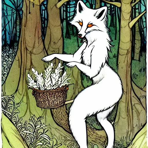 Prompt: A cute white-furred fox-girl Herbalist collecting flowers in the forest. Absurdly-detailed fantasy character illustration by Rebecca Guay and Wayne Reynolds