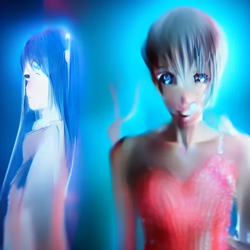 Image similar to a teenage anime android girl wearing a very high intricate detailed dress made out of water standing in a crystal clear lake with a neon lit futuristic city in the background::full body::very long black + red hair::left eye is yellow + right eye is glowing red::heterochromatic eyes::intense stare::cinematic lighting::medium shot::MCU::trending on artstation::CSP + Photoshop::WLOP + Rossdraws + James Jean + Andrei Riabovitchev + Marc Simonetti + Anastasia Ovchinnikova + Véronique Meignaud + BEN MAIER + Sakimichan