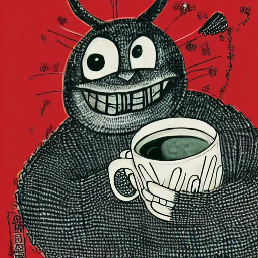 Image similar to highly detailed illustration of a monster smiling like crazy and dancing holding a beautiful steaming cup of coffee, style of Japanese illustration, Maurice Sendak, Tove Jansson