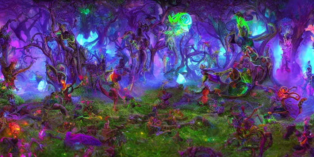 Prompt: dmt elves waiting for a psychonaut to visit their garden, volumetric lighting, vibrant and intense atmosphere, epic