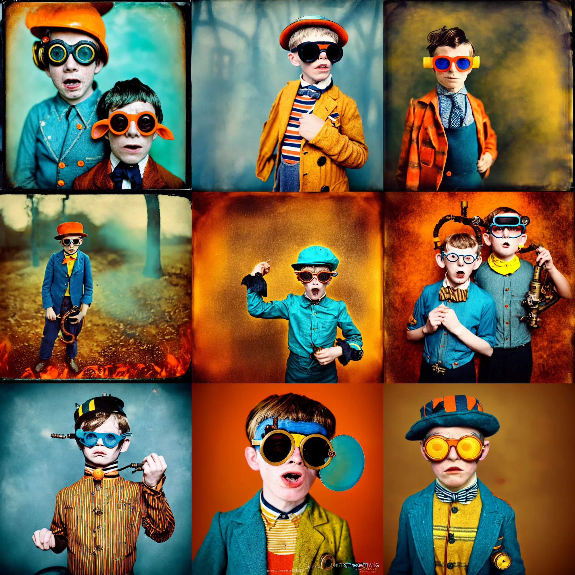 Prompt: kodak portra 4 0 0, wetplate, motion blur, face portrait photo of 8 year old angry steampunk boy in 1 9 2 0 s in hell fire, wearing a yellow blue striped monkey, 1 9 2 0 s cloth style, 1 9 2 0 s hairstyle, coloured in teal and orange, funny sunglasses, by britt marling, sparkle storm
