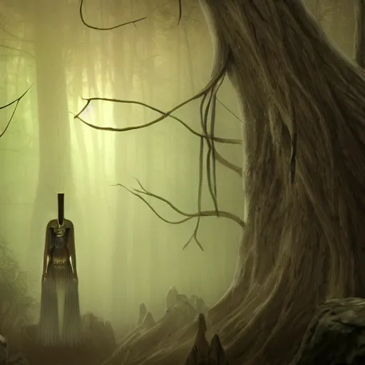 Image similar to a mystical alien pharaoh standing in a dark, gloomy forest, detailed, mythical, mist, depressing, tired, dark, lush, nature, mist, mystery, glows, somber, dismal, fog, heavy fog, dark lighting, rim light, ambient light,