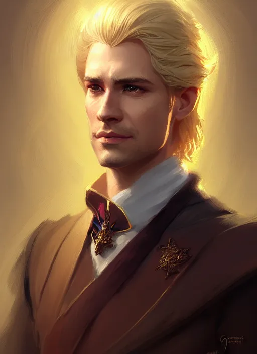 Prompt: Portrait of man of royalty, D&D fantasy, his hair is blonde, he has a distinguished expression, and is wearing a official garment. Intricate, highly detailed, digital painting, artstation, concept art, sharp focus, illustration, art by greg rutkowski and Ross Tran