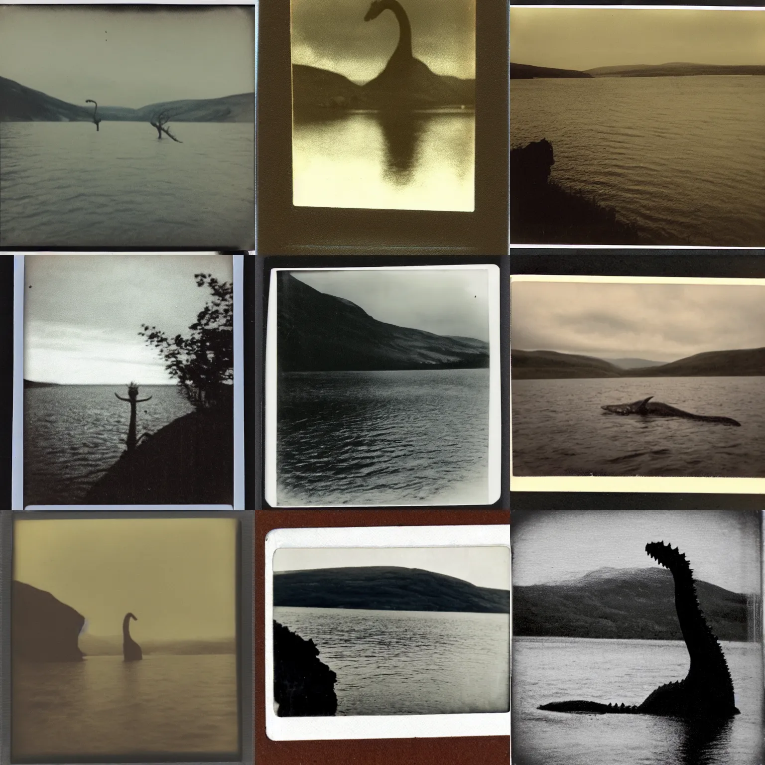 Prompt: an aged polaroid photo of the loch ness monster, gloomy, grainy