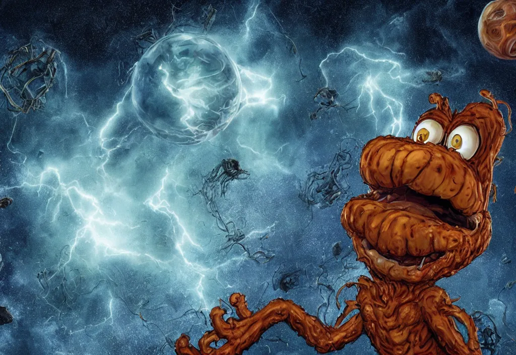 Image similar to eldritch horror bloody garfield in space, hd, 8 k, giant, epic, realistic photo, unreal engine, prophecy, powerful, cinematic lighting, destroyed planet, debris, violent, sinister, ray tracing, dynamic, epic composition, dark, horrific, teeth, grotesque, monochrome drawing, hellscape, corpses, foreboding, lightning, garfield cartoon eyes