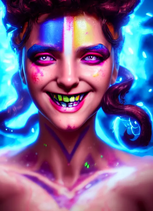 Image similar to an epic fantasy comic book style portrait painting of a girl wearing colorful makeup with a smile and curly brown hair stepping out of a doorway with light shining behind her, unreal 5, daz, hyperrealistic, octane render, cosplay, rpg portrait, dynamic lighting