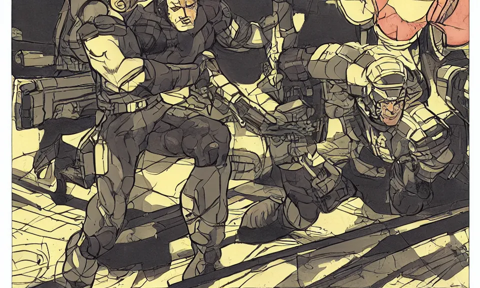 Image similar to solid snake sneaking into a hangar mead and jack kirby, color scheme, kirby crackle, arik roper, concept art