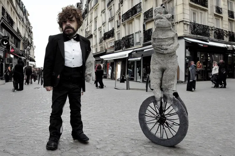 Prompt: peter dinklage on stilts walking in the hazzy streets of paris, in the style of eugene atget and peter witkin