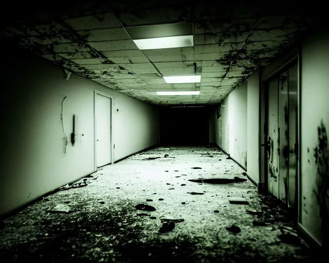 Prompt: creepy woman wearing white dress standing in the backrooms, the eerie forlorn atmosphere of a place that's usually bustling with people but is now abandoned and quiet, buzzing fluorescent lights above the ceiling, unsettling images, liminal space, dark,