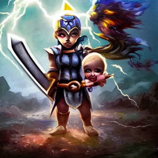 Image similar to a baby warrior holding the necro sword, lightning