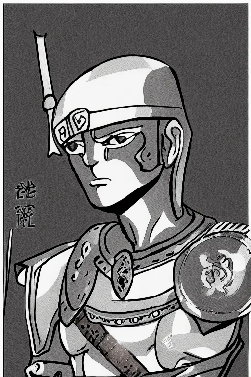 Prompt: shy tall muscular roman guard, male, bushy eyebrows, round eyes, buzz cut hair, roman armor, screen cap, 4K, stylized, drawn by Hiromu Arakawa