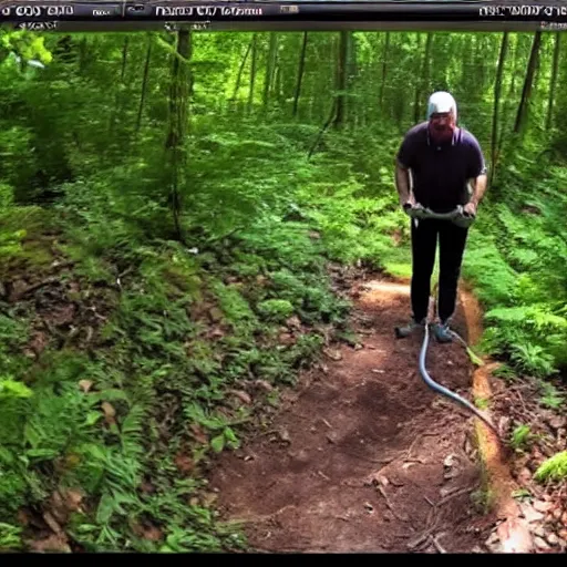 Prompt: trail cam footage of someone vacuuming a trail