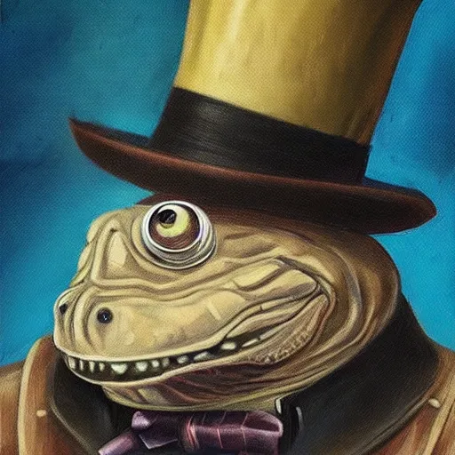 Prompt: “a crocodile wearing a top hat and monocle, dapper, highly detailed, oil on canvas”