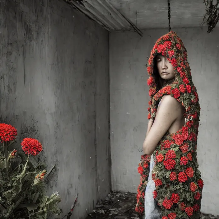 Image similar to a woman wearing a hooded cloak made of zinnias and barbed wire, in a derelict house, by Zhang Jingna, natural light, detailed face, CANON Eos C300, ƒ1.8, 35mm, 8K, medium-format print