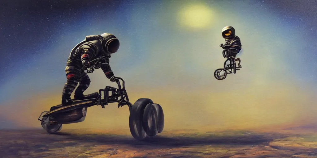 Prompt: creepy oil painting of an astronaut riding a bigwheel. epic lighting.