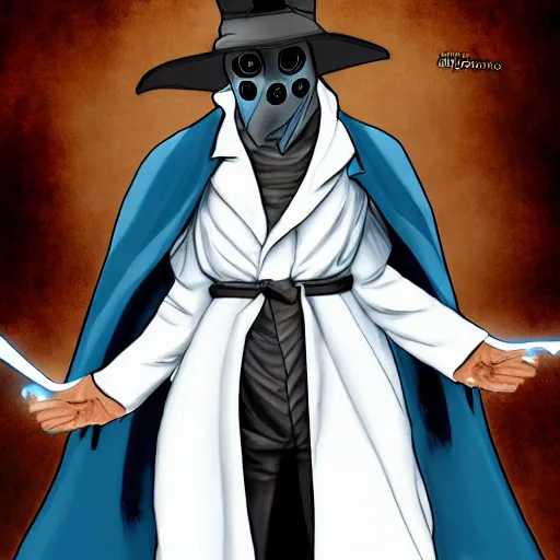 Image similar to a plague doctor with a blue robe using a magical spell, white plague doctor mask, comic book art, gta cover art, digital art, unreal engine 5