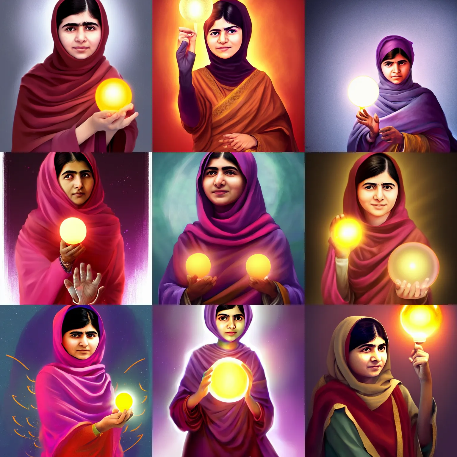 Prompt: Malala Yousafzai as a mage, holding a magical glowing energy ball, digital art, trending on ArtStation