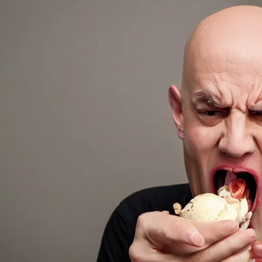 Prompt: old bald guy angrily eating ice cream