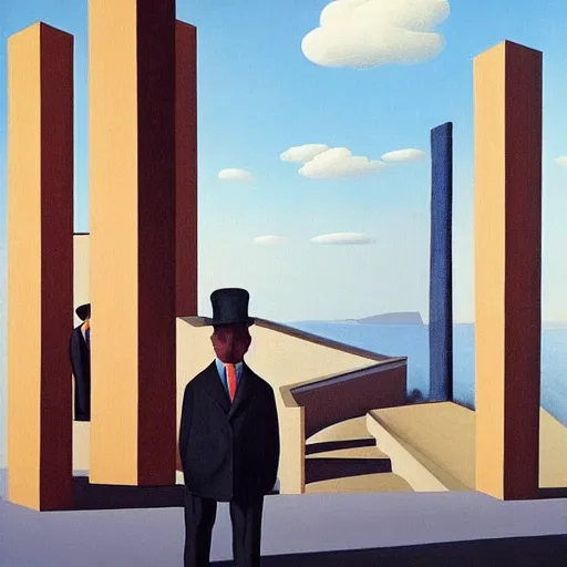 Image similar to “ painting by magritte and jeffrey smart and de chirico, featuring stairs, and man in hat ”