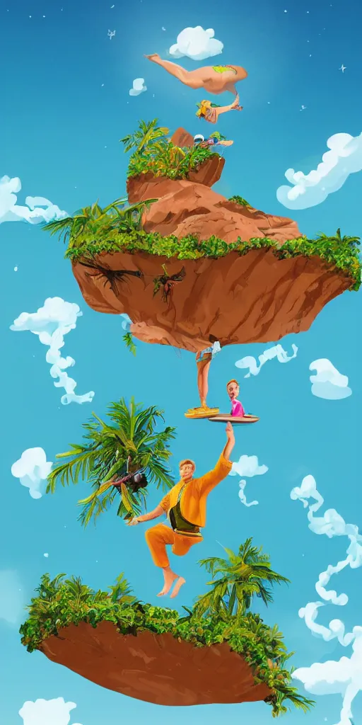 Prompt: an award winning fantasy island illustration, island is floating in mid air