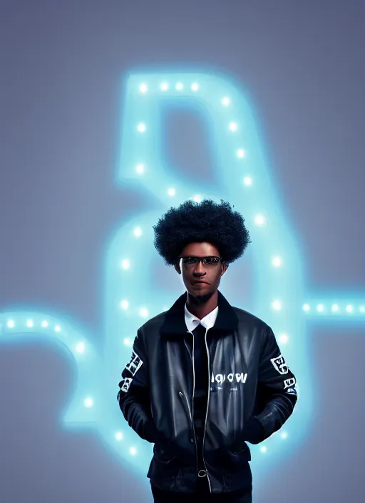 Prompt: a black man with short curly haircut, portrait, wearing black letter jacket, holding a futuristic looking big cinema camera, light blue led's, sharp focus, octane render, hyperrealistic, cinematic lighting, highly detailed, 8 k,