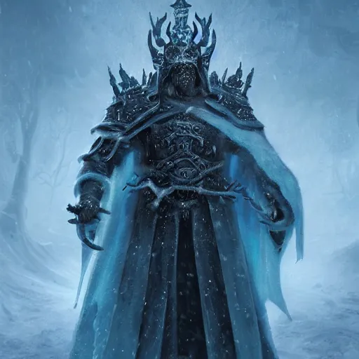 Prompt: a matte painting of the lich king wearing a crown made of ice, icey, world of warcraft, digital art, fantasy, realistic lighting, in the style of greg rutkowski