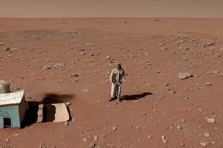 Image similar to an old rickety Soviet village house stands alone on Mars next to which a local resident stands and waves his hand, colourful