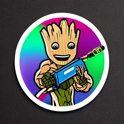 Image similar to svg sticker of a Pop-Wonder Groot-Marvel-Avenger at a rave, spinning records, giant headphones rocking out, wearing headphones, huge speakers, dancing, rave, DJ, spinning records, digital art, amazing composition, rule-of-thirds, award-winning, trending on artstation, featured on deviantart