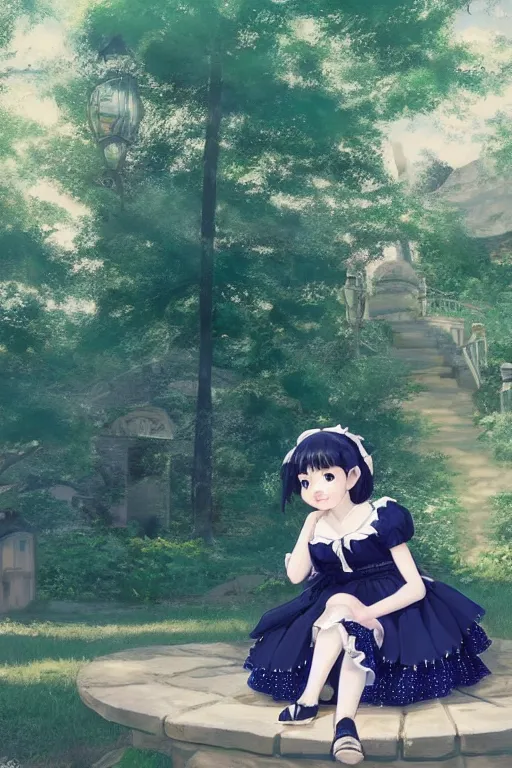 Prompt: a beautiful hyperdetailed portrait render of black - haired little girl in a blue lolita dress with stars and petticoat sitting on a bench in a botanical garden, atmospheric lighting, style of makoto shinkai, raphael lacoste