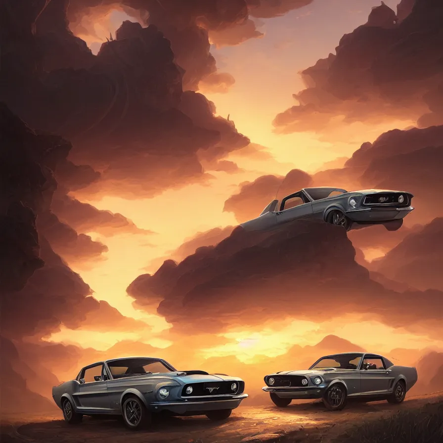 Prompt: a 1 9 6 8 mustang driving down a country road, coriolios rpg art style, full of details, warm sunset colors, matte painting, artstation, 8 k, hyperrealistic, style of peter mohrbacher, album cover, extreme long shot