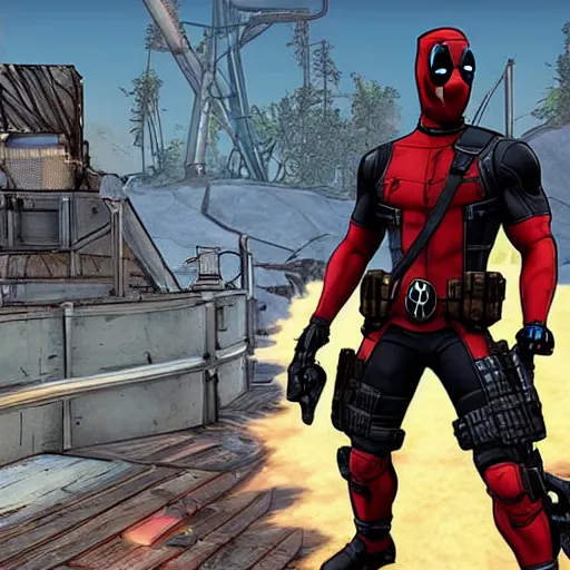 Image similar to Deadpool in borderlands 2 4k detailed super realistic