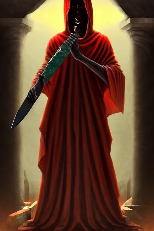 Image similar to an ancient statue of a hooded cultist is holding a bloody knife in one hand and a tomato on the other, standing in a forgotten temple to an eldritch god, by patrick mcenvoy and michael komarck and fantasy flight, incredible quality, trending on artstation