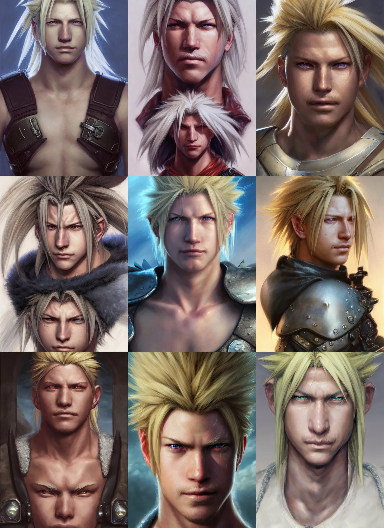 Prompt: a face portrait of cloud from final fantasy 7, style by donato giancola, wayne reynolds, jeff easley dramatic light, high detail, cinematic lighting, artstation, dungeons and dragons