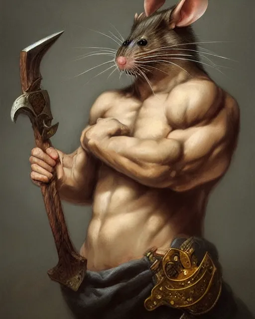 Image similar to baroque portrait of a male were-rat with the head of a rat. he is very muscular. he is wielding an axe. 4K trending on artstation by peter mohrbacher