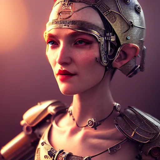 Image similar to dieselpunk robotic elvish empress, extremely detailed, hyperrealistic, intricate, soft light, fantasy, d & d, digital painting, art station, by wlop, octane render, unreal engine, 4 k