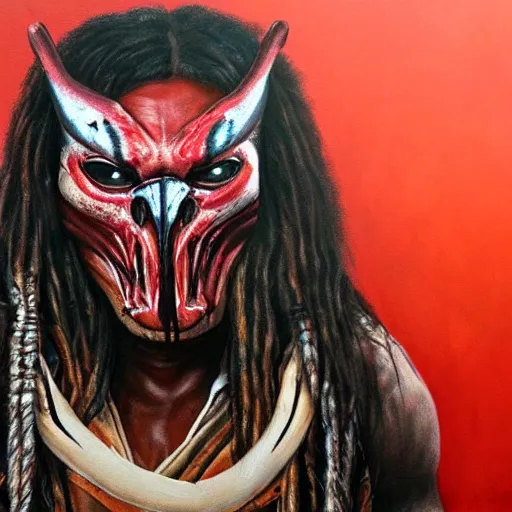 Image similar to painting portrait of a native american wearing a predator face mask from the predator movie, artstation, ultra detailed