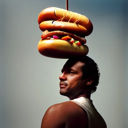 Image similar to closeup portrait of a man carrying a giant hotdog on his shoulder in a smoky new york back street, by Annie Leibovitz and Steve McCurry, natural light, detailed face, CANON Eos C300, ƒ1.8, 35mm, 8K, medium-format print