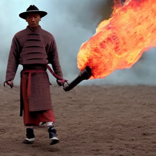 Image similar to cinematic film still Pharrell Williams starring as a Samurai holding fire, Japanese CGI, VFX, 2003, 40mm lens, shallow depth of field,film photography