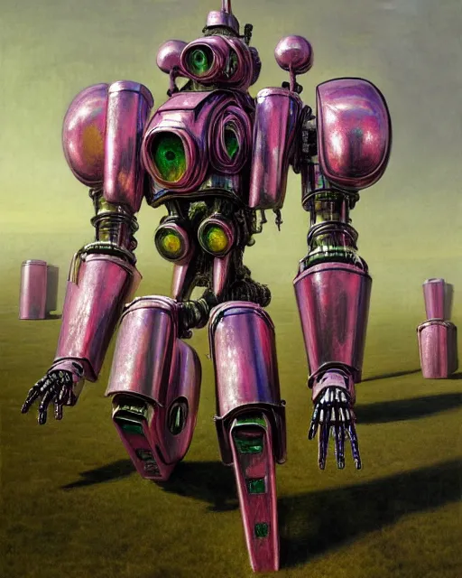 Image similar to hyperrealistic hyperdetailed medieval mecha iridescent pink battle war concept art santiago caruso de chirico sharp very dramatic green light 8k low angle shallow depth of field