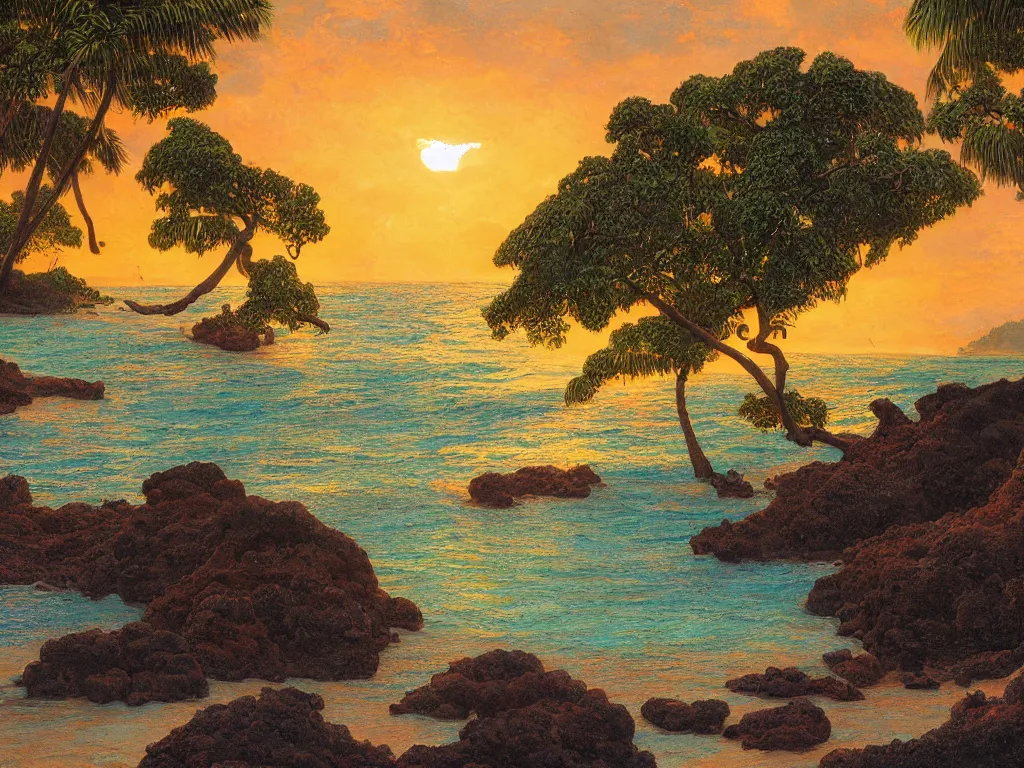 Prompt: Poipu Kauai, Hidden lava rock beach lagoon, Sunlight Study, by Asher Brown Durand and (((((Hans Zatzka))))) and ((((((((Lisa Frank)))))))), Art Nouveau, 8k, concept art, smooth, sharp focus