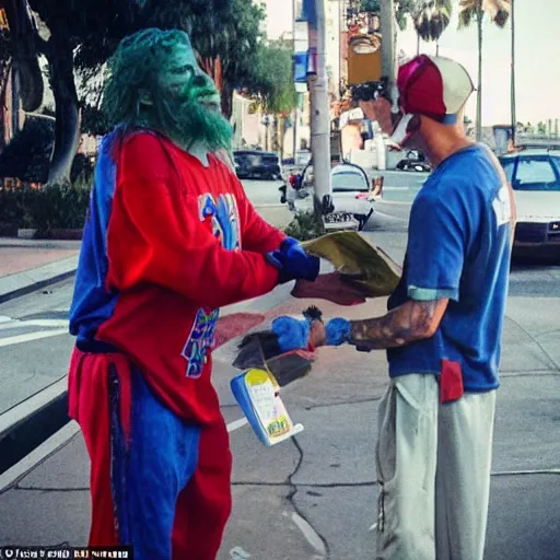 Prompt: a candid photo of Captain Planet homeless and looking for handouts on the streets of LA