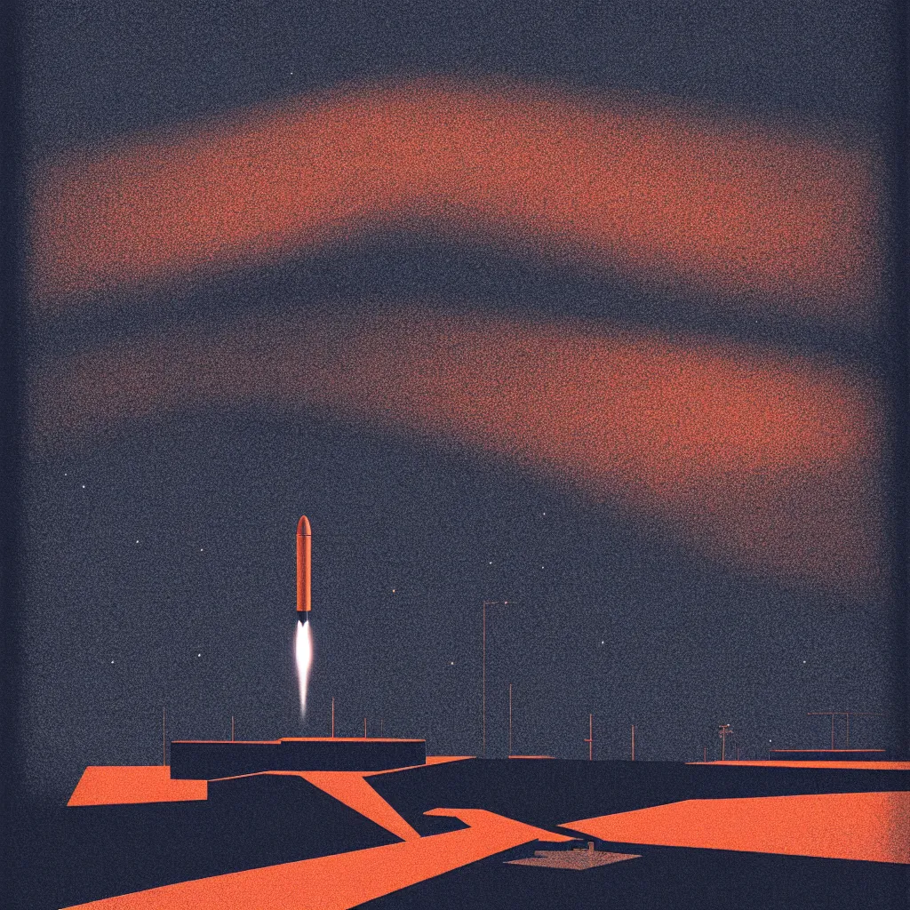 Image similar to spacex launch by, mads berg, karolis strautniekas, film noir, stippled light, dramatic lighting, editorial illustration, detailed, fine texture, matte print, art deco, brutalism, dark blue + dark orange, red, black, ( ( habitat 6 7 background ) )