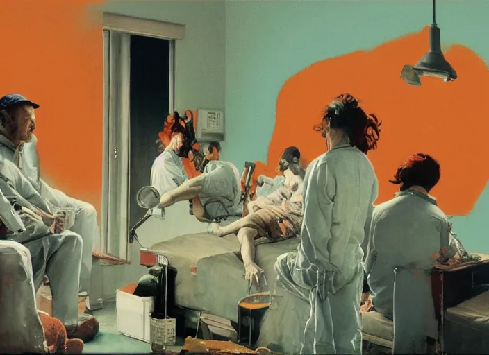 Image similar to a still from the movie one flew over the cuckoo's nest by francis bacon and norman rockwell and james jean, and mark brooks, triadic color scheme, by greg rutkowski, syd mead and edward hopper and norman rockwell and beksinski, dark surrealism, orange and turquoise