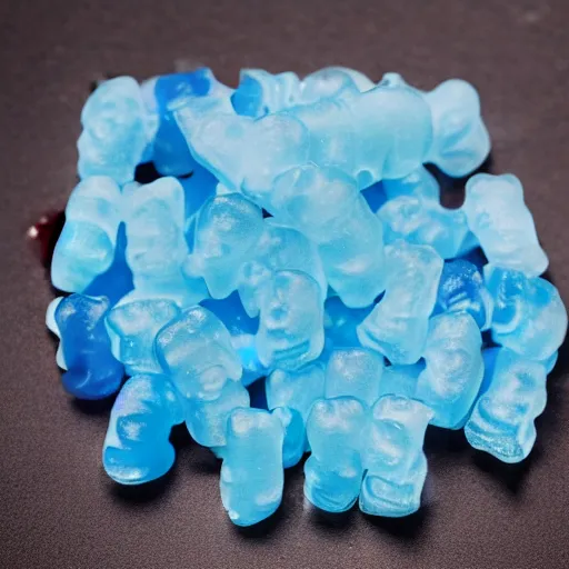 Prompt: a blue gummy bear is half melted