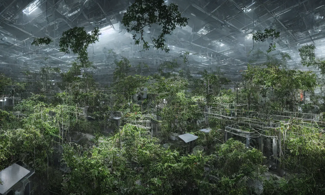 Prompt: an overgrown research facility in a foggy environment with computers, and colored lights still functioning | intricate detail, microdisplacement, elaborate design, cgi, volumetric lighting, global illumination