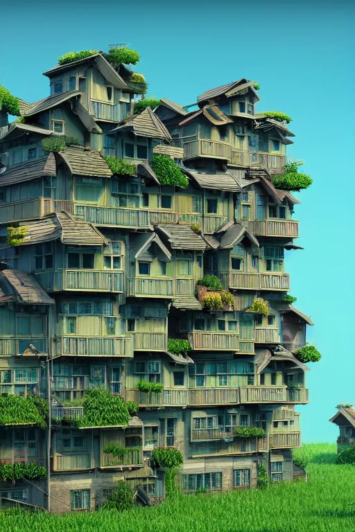 Image similar to stacked houses, solarpunk, studio ghibli, octane render, 4 k