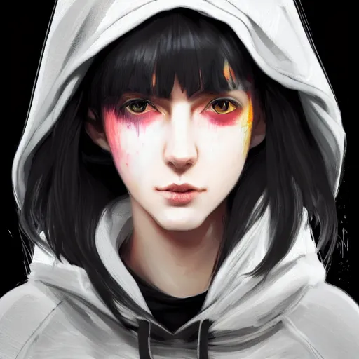 Image similar to a pale skinny white young girl with black hair, the hime cut, 1 8, in a black hoodie, and a cat, apex legends character, digital illustration portrait design, by android jones and greg rutkowski, retrowave color scheme, detailed, cinematic lighting, wide angle action dynamic portrait