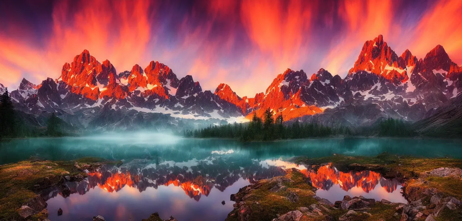 Image similar to amazing landscape photo of mountains with lake in sunset by marc adamus, beautiful dramatic lighting